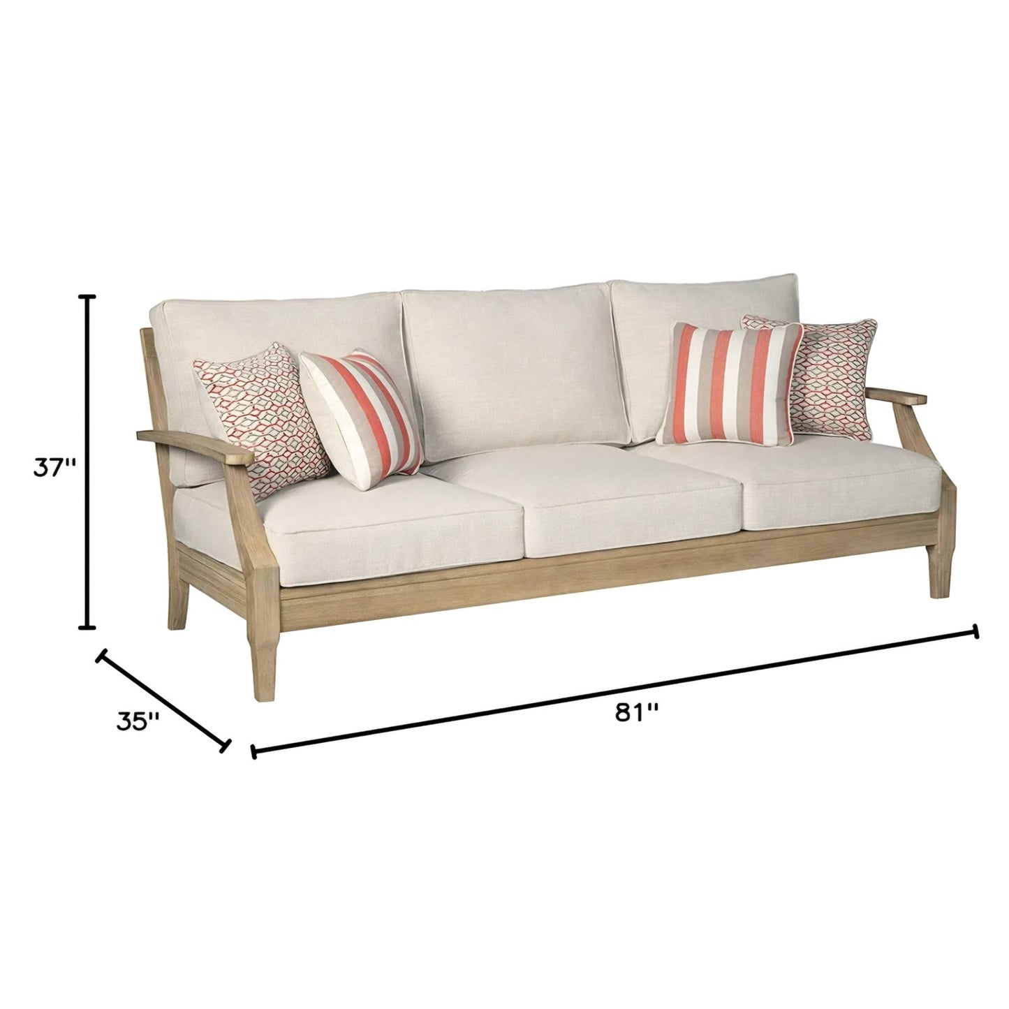 Signature Design by Ashley Clare View Coastal Outdoor Patio Eucalyptus Sofa with Cushions, Beige