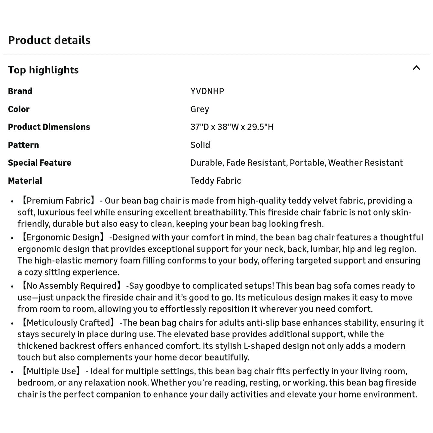 Bean Bag Chair, Fireside Chair Bean Bag Sofa Large Bean Bag Chair for Adults, Bean Bag