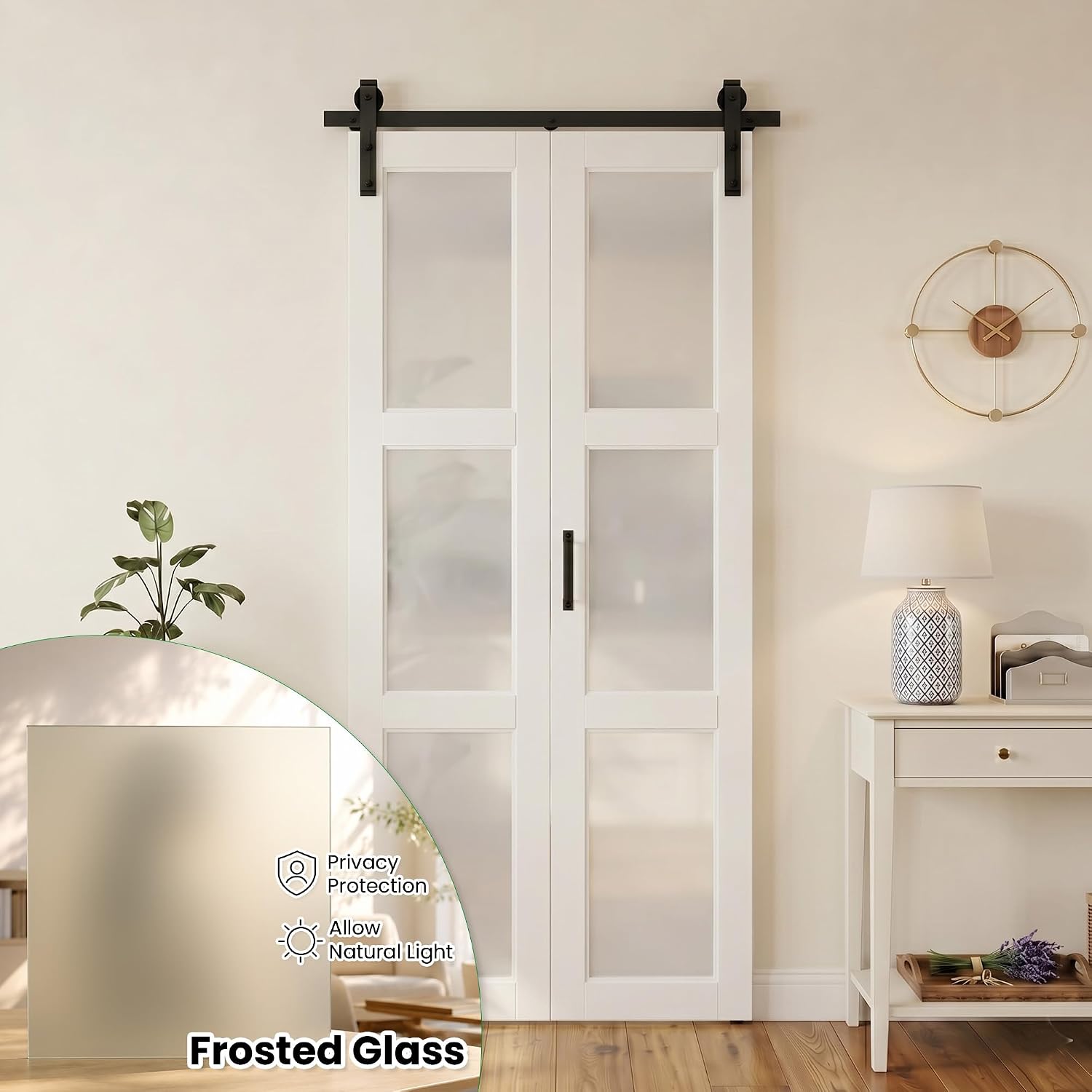 SMARTSTANDARD 24" x 84" Bifold Sliding Barn Door (Double 12"), 3-Lite Frosted Glass Panels, white.