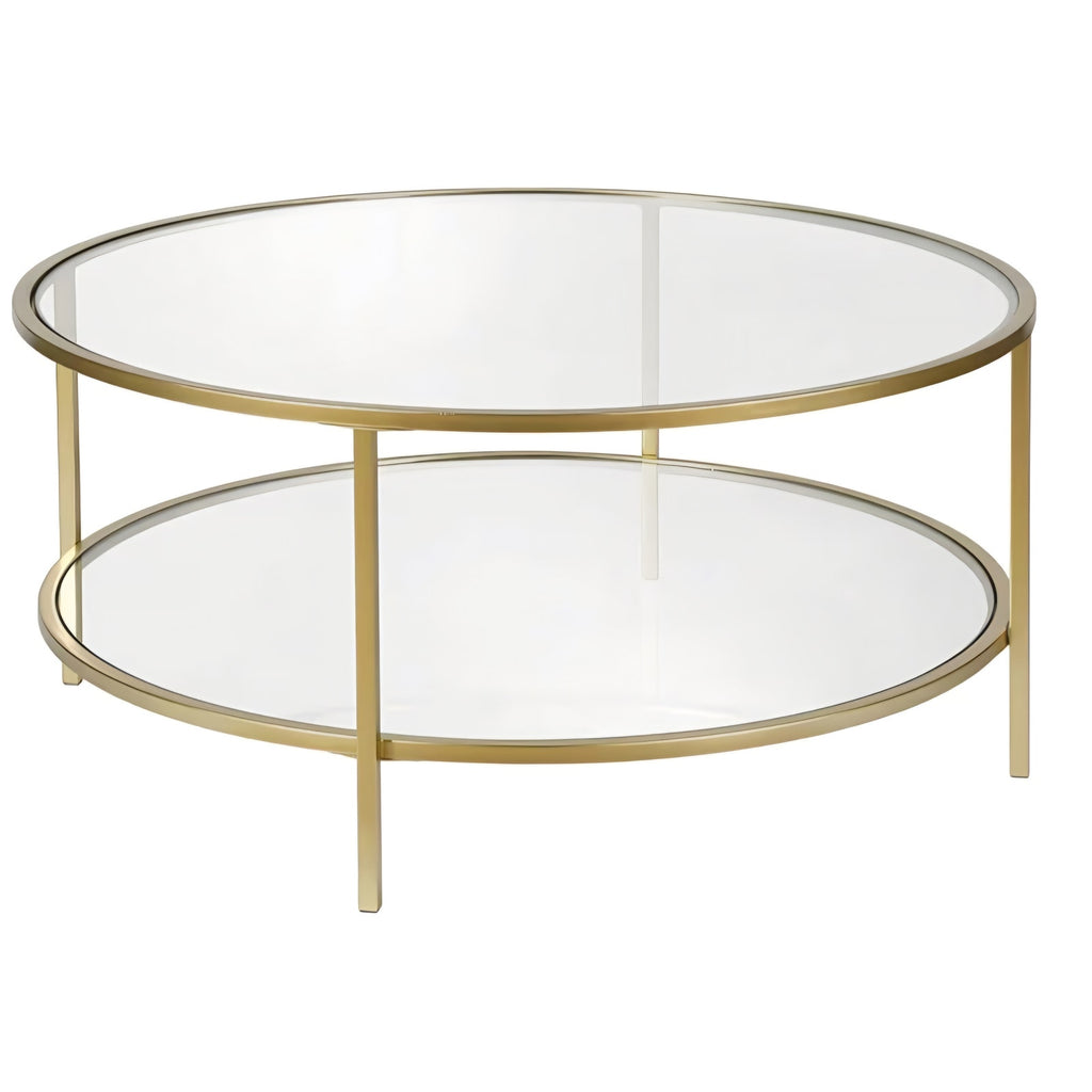 Henn&Hart 36" Wide Round Coffee Table with Glass Top in Brass, Round Coffee Table