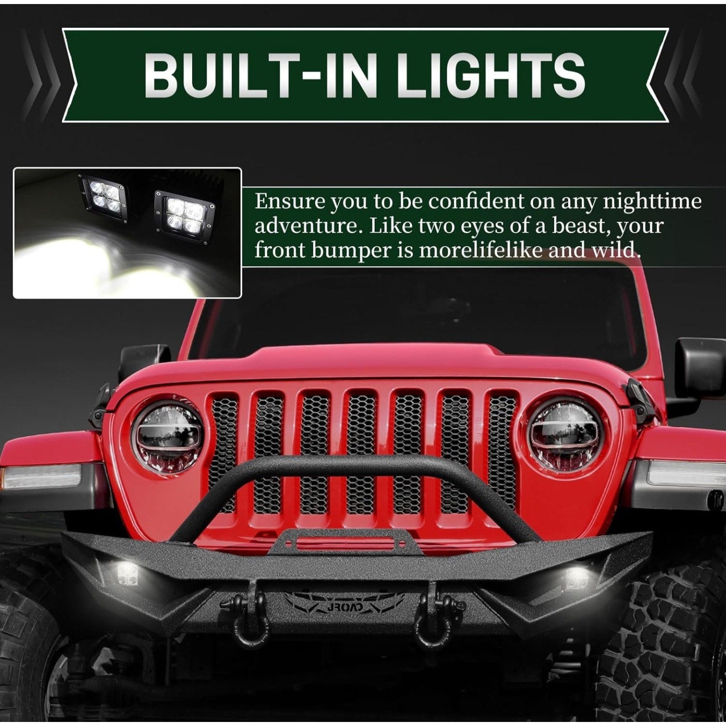 JROAD Compatible with Jeep Wrangler, Front Bumper W/LED Lights, 2 x D-Rings, Winch Plate,2018-2025J