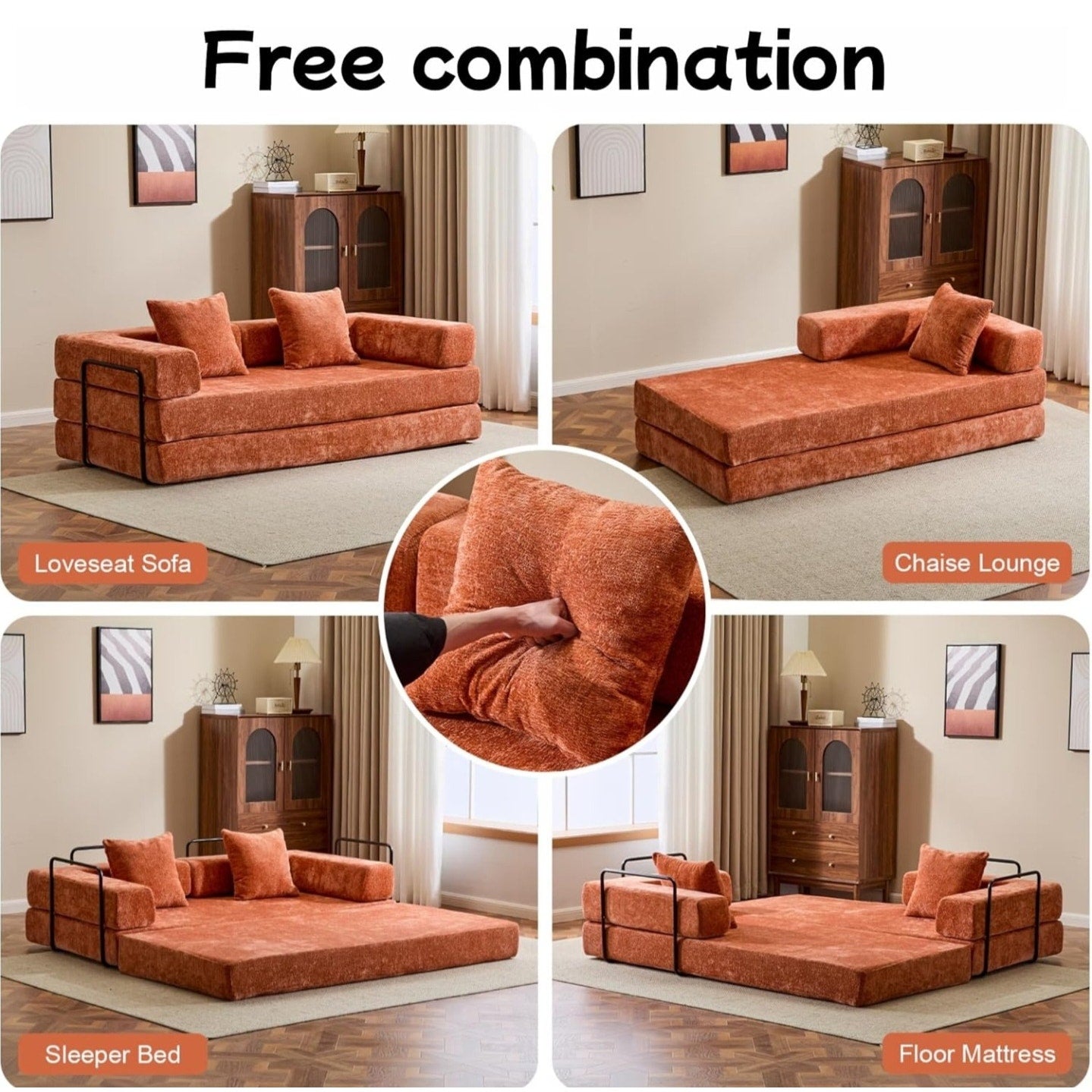 Convertible Floor Sofa Bed, Foldable Mattress Cloud Couch with Pillow Back & Armrest, Chenille Sleeper Sofa Bed with Fixed-Shape Frame, Compressed Couch for Living