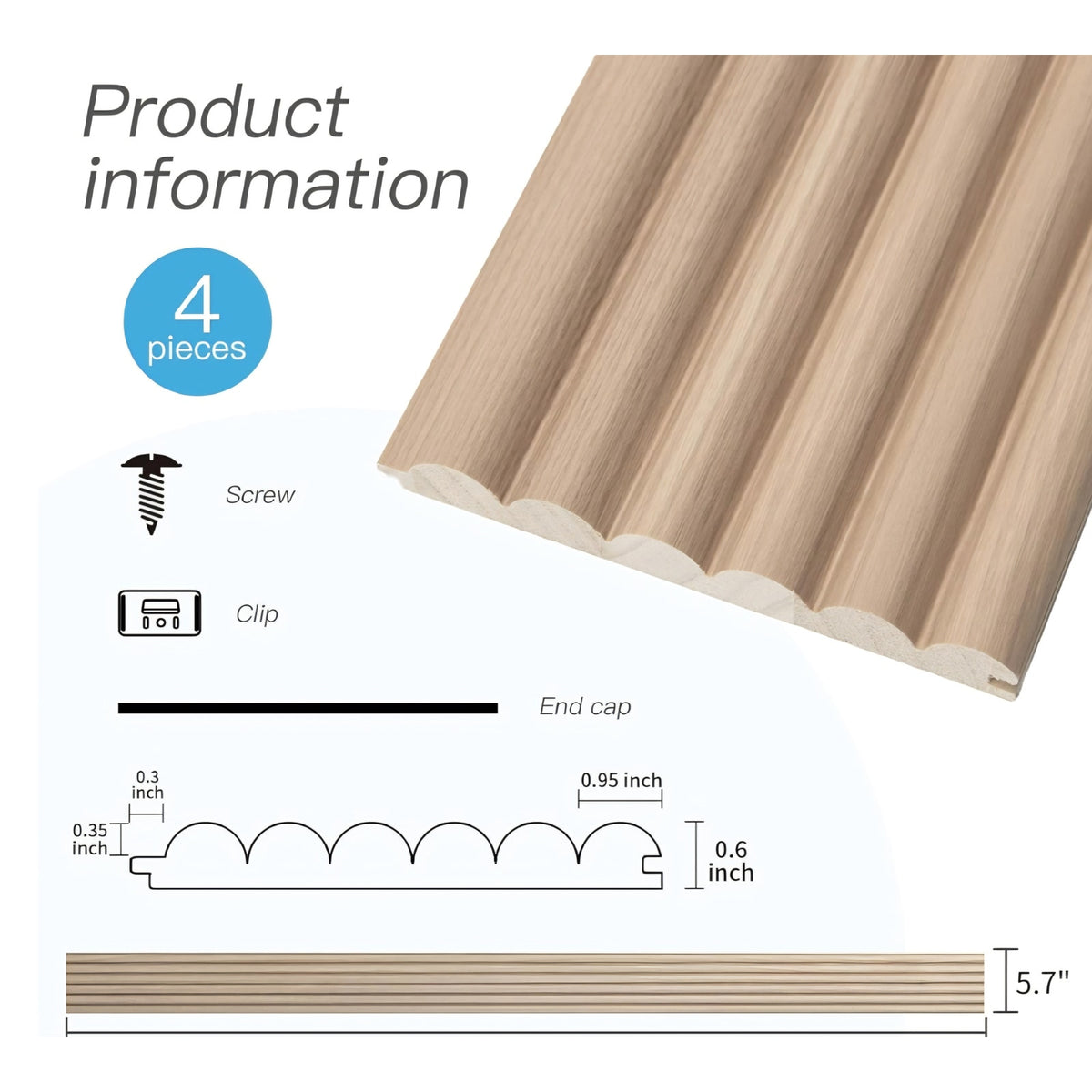 Art3d Fluted Wood Panel  and for Pack of 4pcs + 1pc End-Trim, Size 108 x 5.7in.- Beaded Ashtree