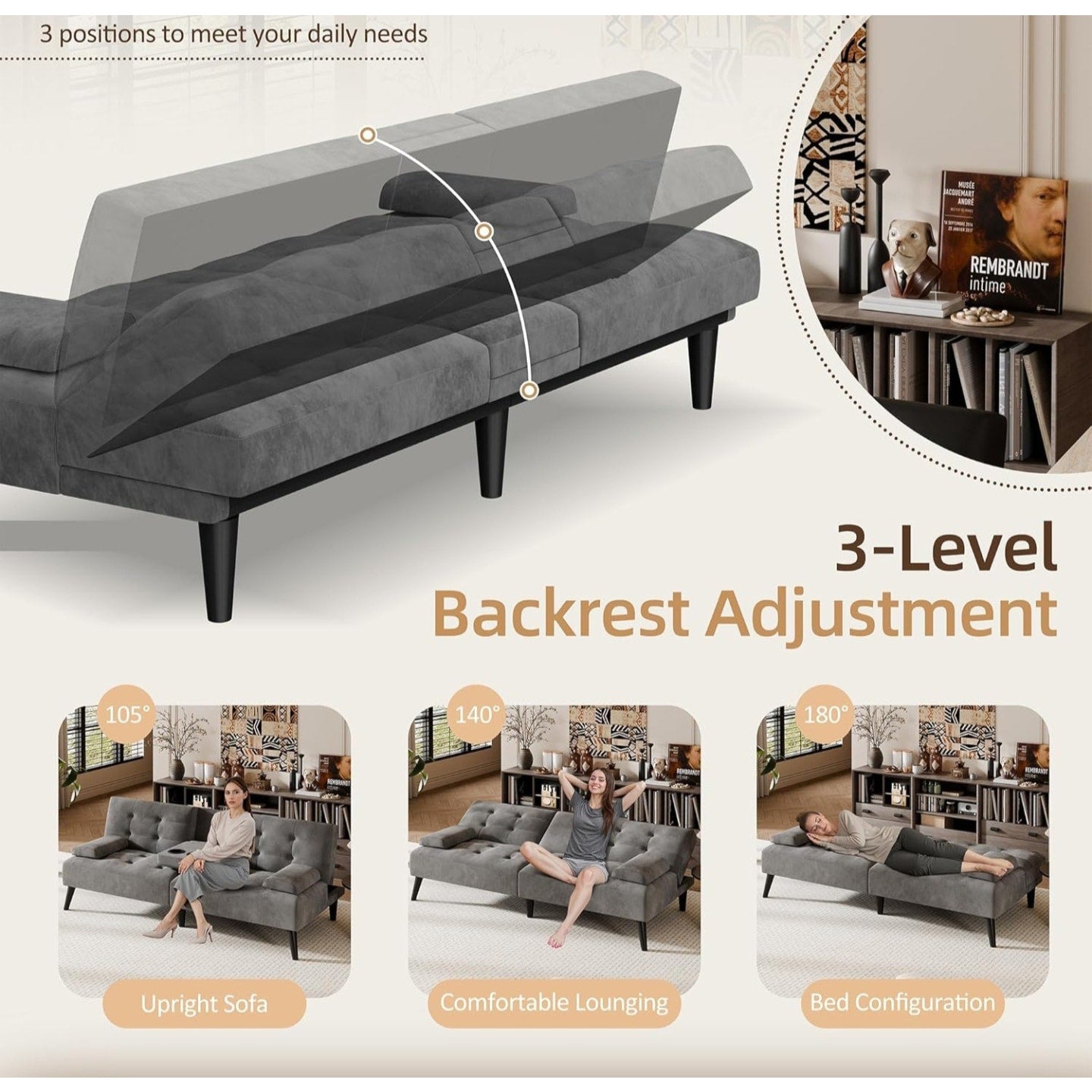 Shintenchi Futon Sofa Bed, Velvet Foldable Couch Reclining Sleeper w/Removable Armrests, Upholstered