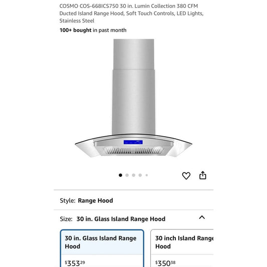 COSMO COS-668ICS750 30 in. Lumin Collection 380 CFM Ducted Island Range Hood, Soft Touch Controls