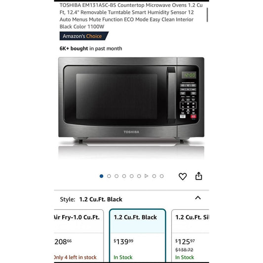 TOSHIBA EM131A5C-BS Countertop Microwave Ovens 1.2 Cu Ft, 12.4" Removable Turntable Smart Humidity S