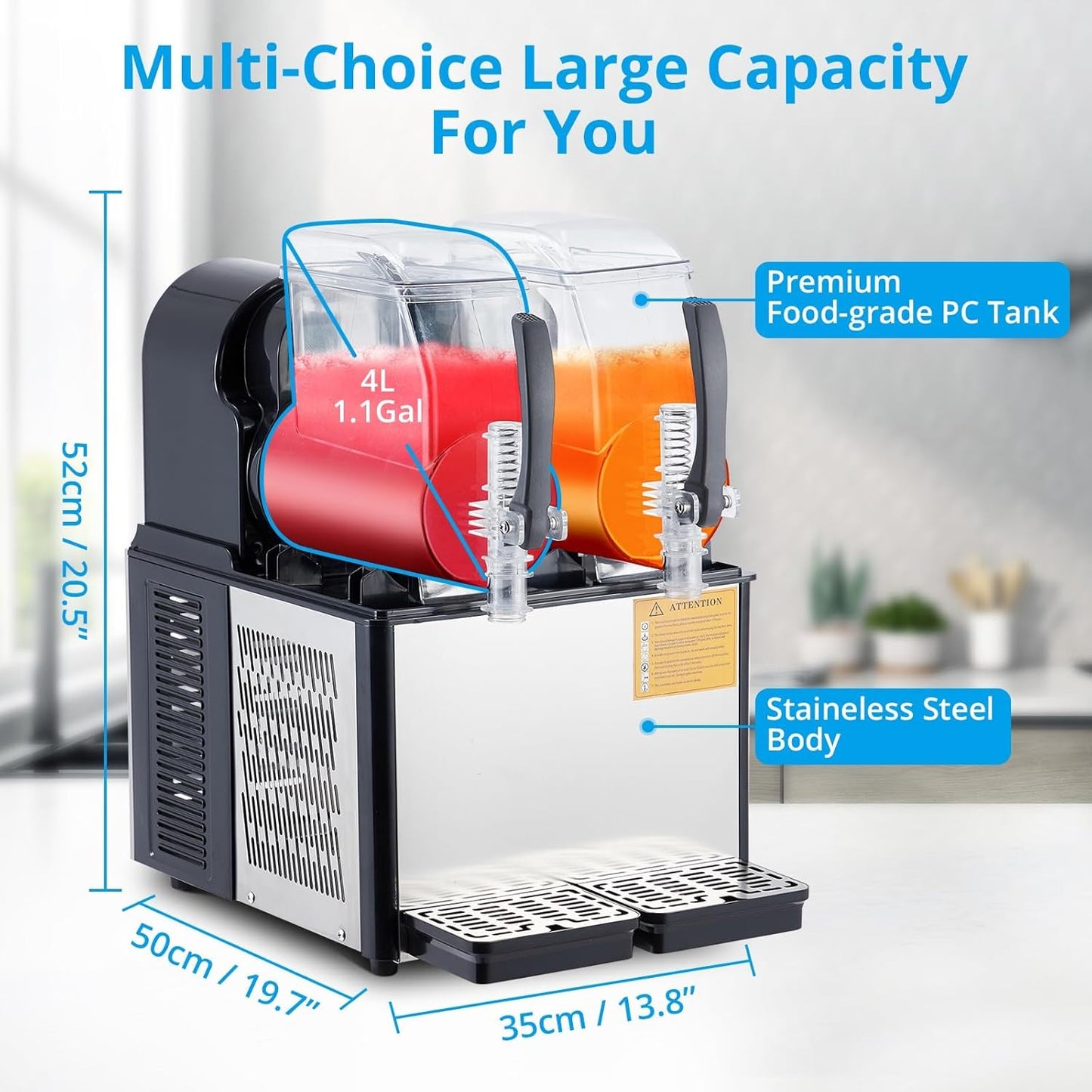 4Lx2Tank Commercial Slushie Machine, 370W Stainless Steel Slushy Machine for Cocktail, Black
