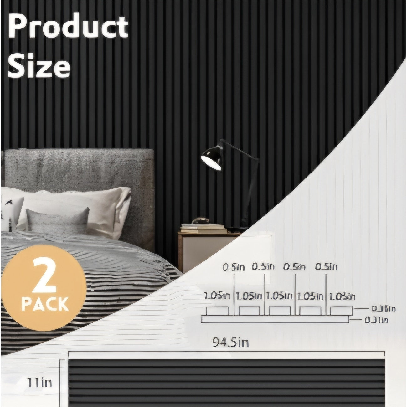 RITOLLO Wood Slat Panels for Wall 2-Piece 94.5"×11" Matte Black