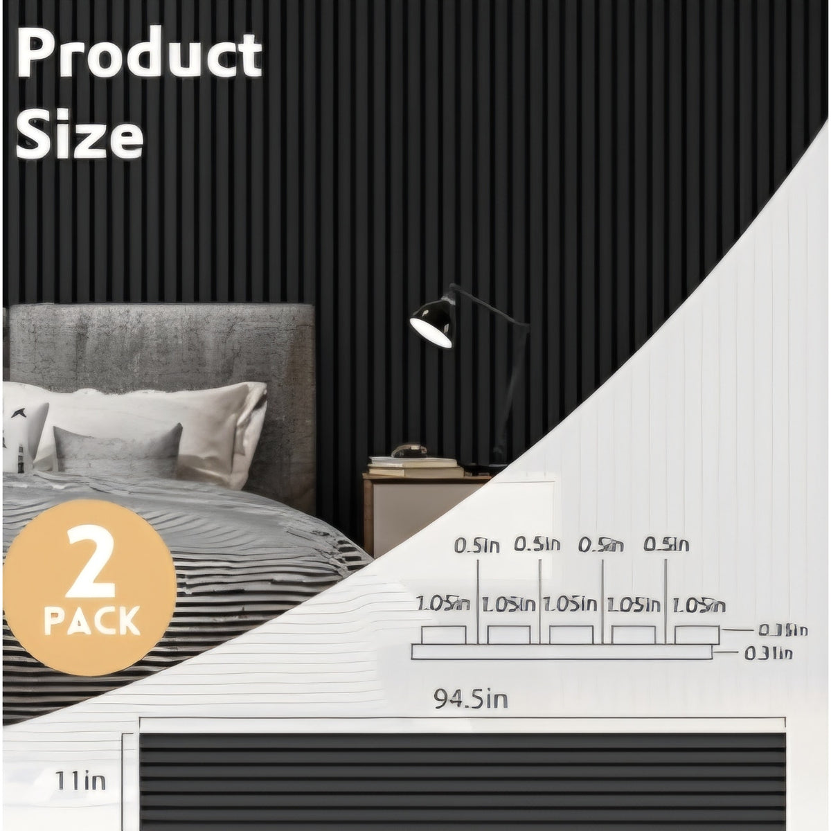 RITOLLO Wood Slat Panels for Wall 2-Piece 94.5"×11" Matte Black