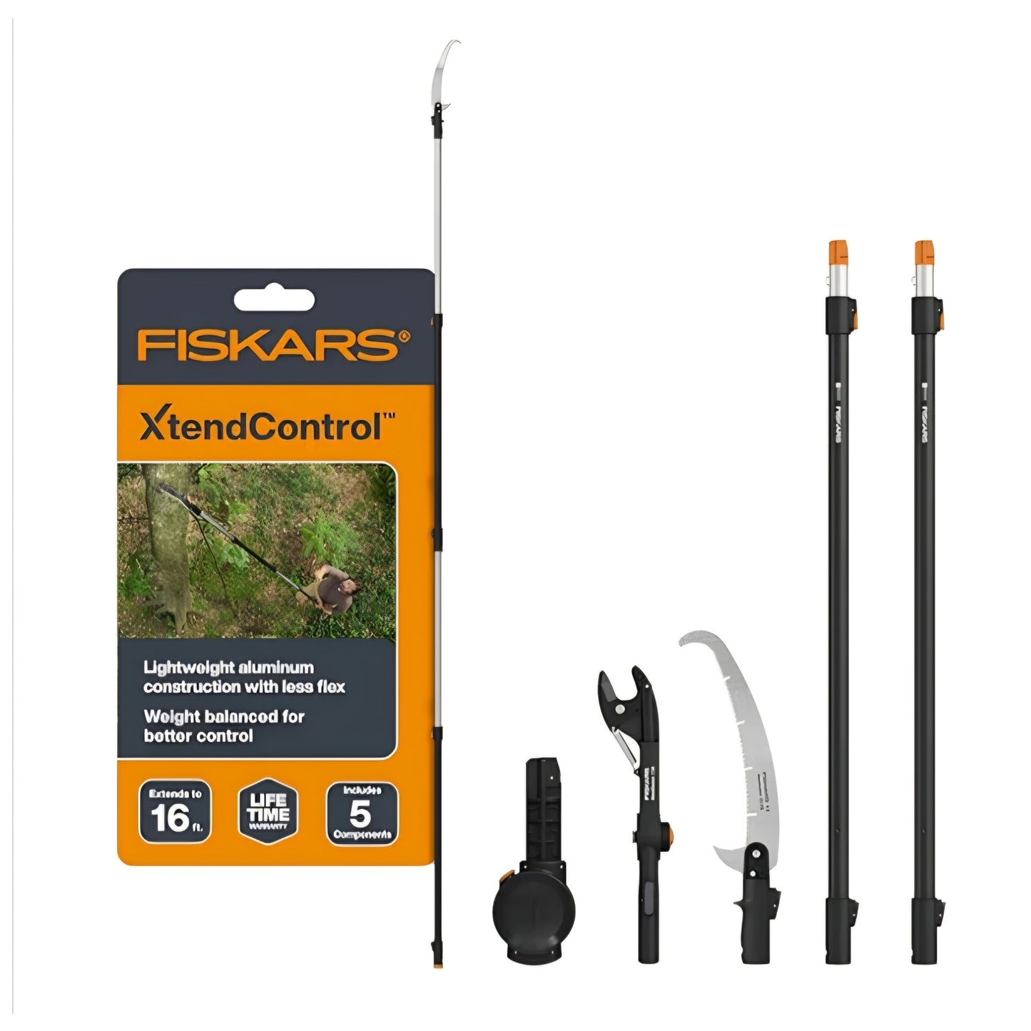 Fiskars XtendControl 16' Tree Pruner Kit with Rotating Pruner Head, 15" X3 Double-Hooked Saw