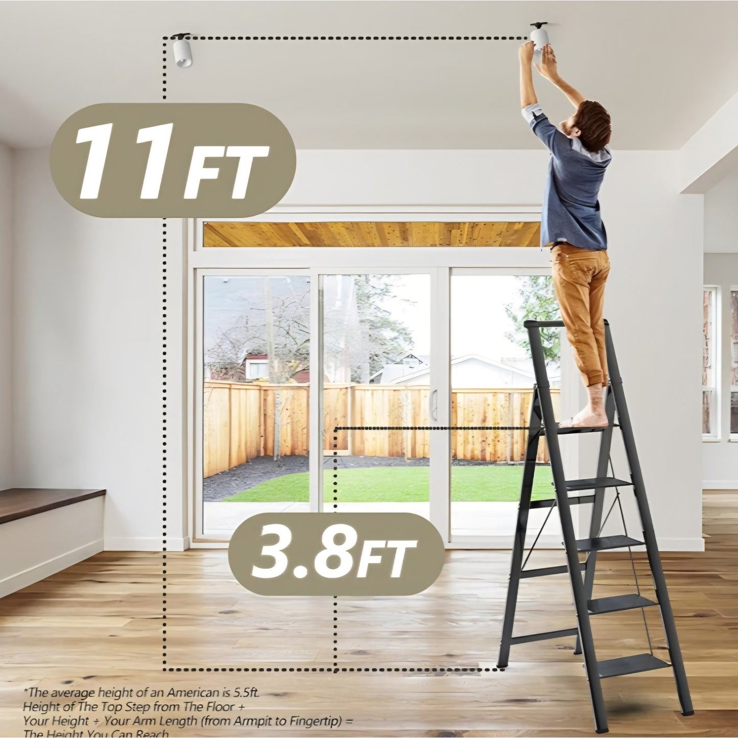 5 Step Ladder, Folding Step Stool, Portable Iron Foldable Black Ladder for 10 Foot High