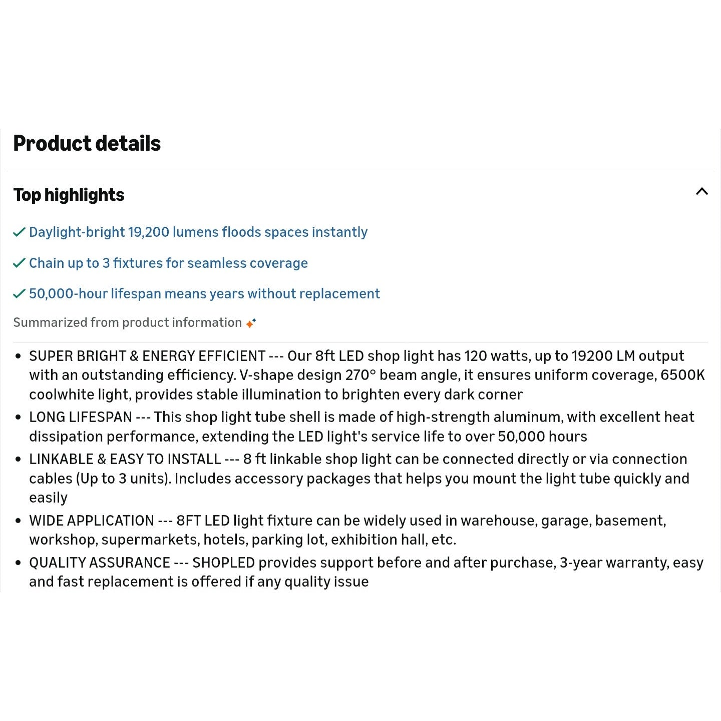 SHOPLED (10-Pack 8FT LED Shop Light, 120W 6500K Cool White, V-Shape, 19200LM High Output