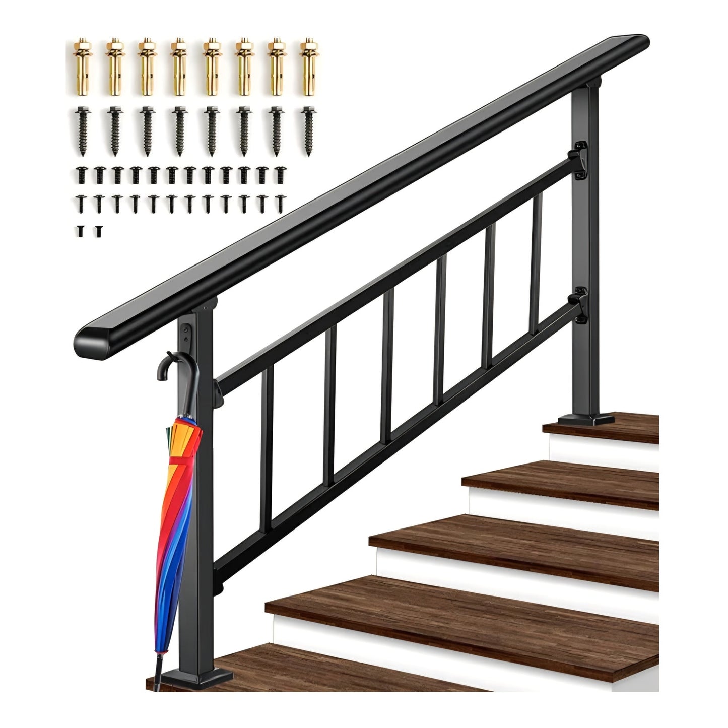 Handrails for Outdoor Steps, 4-5 Steps Wrought Iron Stair Railing with Fence