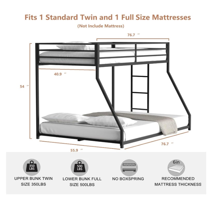 Bunk Beds Twin Over Full Size, Metal Bunk Bed with Removable