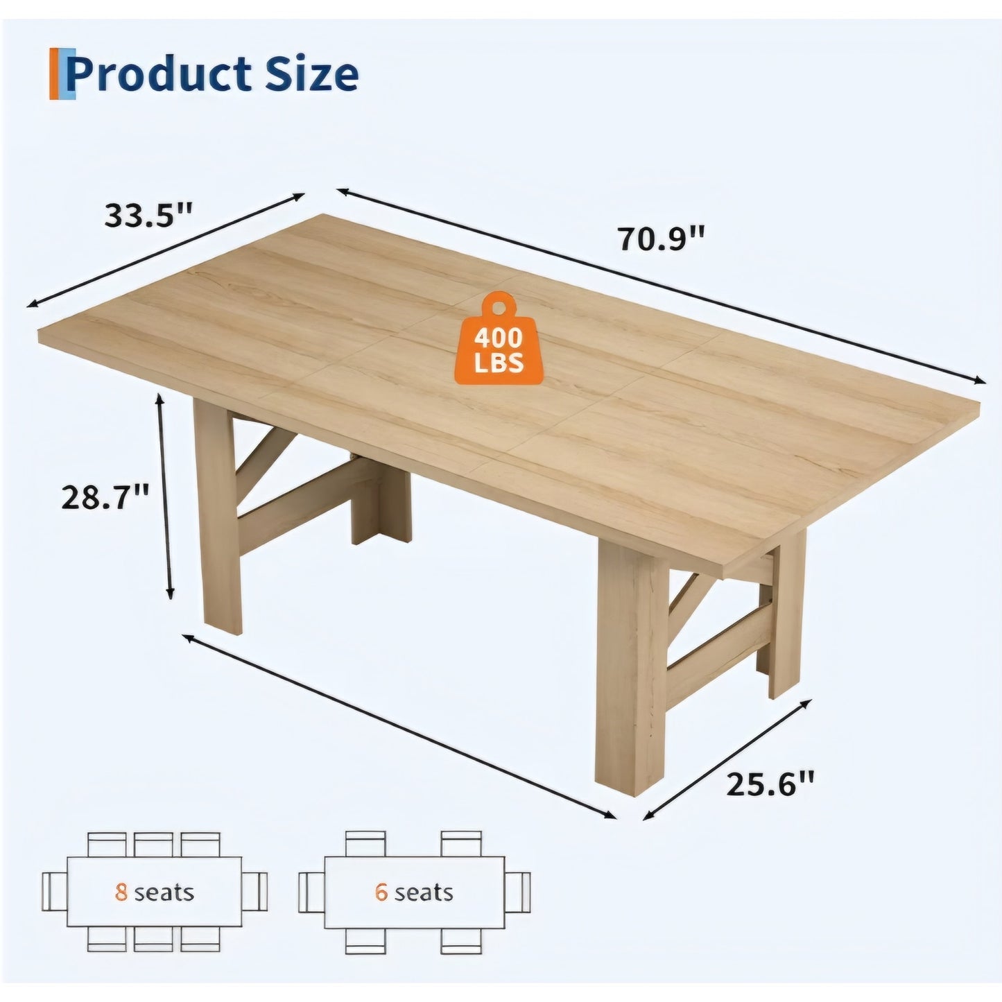 Long Dining Table for 6-8, Farmhouse Wooden Barn Kitchen Table for 6, Triangular Legs