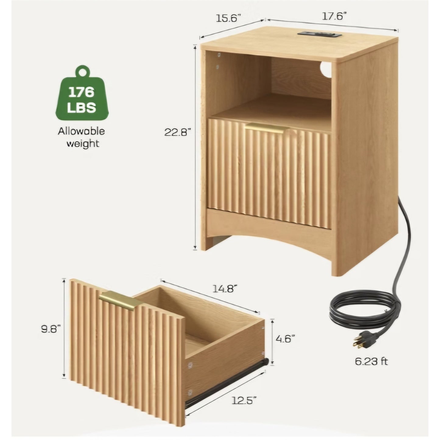 Marsail Wooden Nightstand with Drawer, Modern Night Stand with Charging Station and Storage
