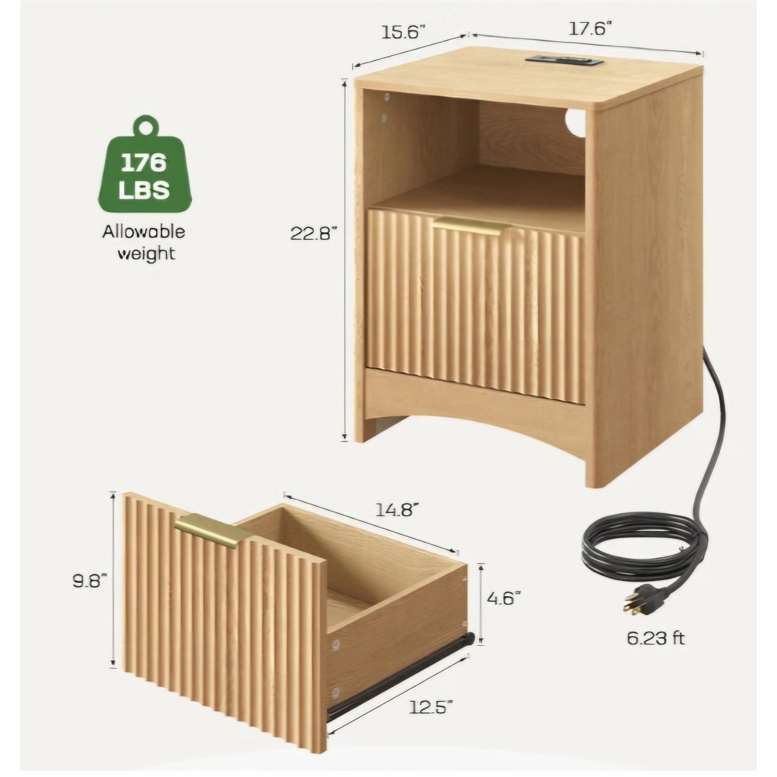Marsail Wooden Nightstand with Drawer, Modern Night Stand with Charging Station and Storage