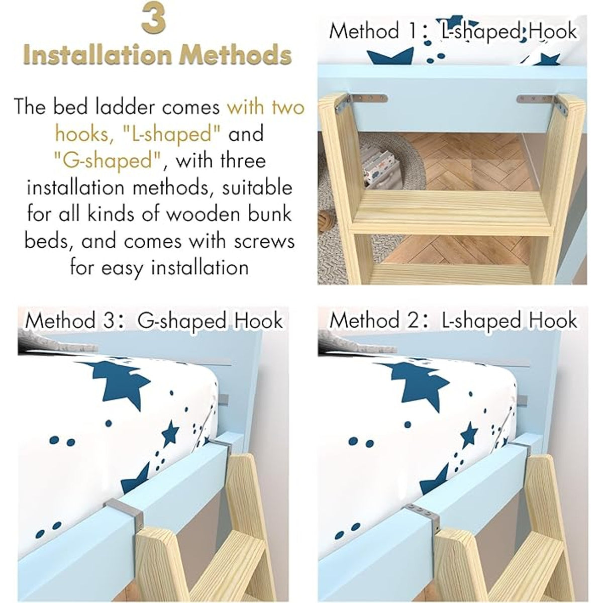 Wood Bunk Bed Ladder, Lofted with 4in Extra Wide Steps & Non-Slip Pads, Wood Color, 55in /140cm