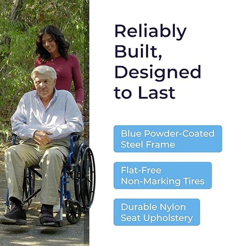 Drive Medical Blue Streak Lightweight Foldable Wheelchair- Padded Comfort- Blue/Black- 18 Inch Seat