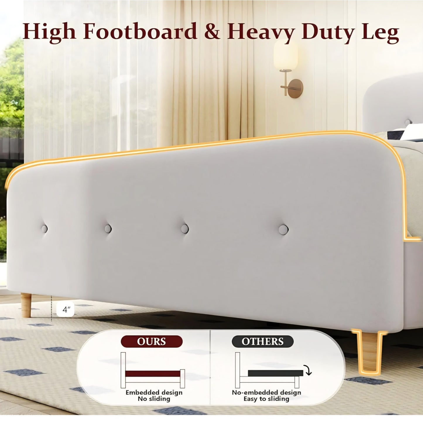 King Size Platform Bed Frame with Velvet Upholstered Headboard, Button Tufted Headboard