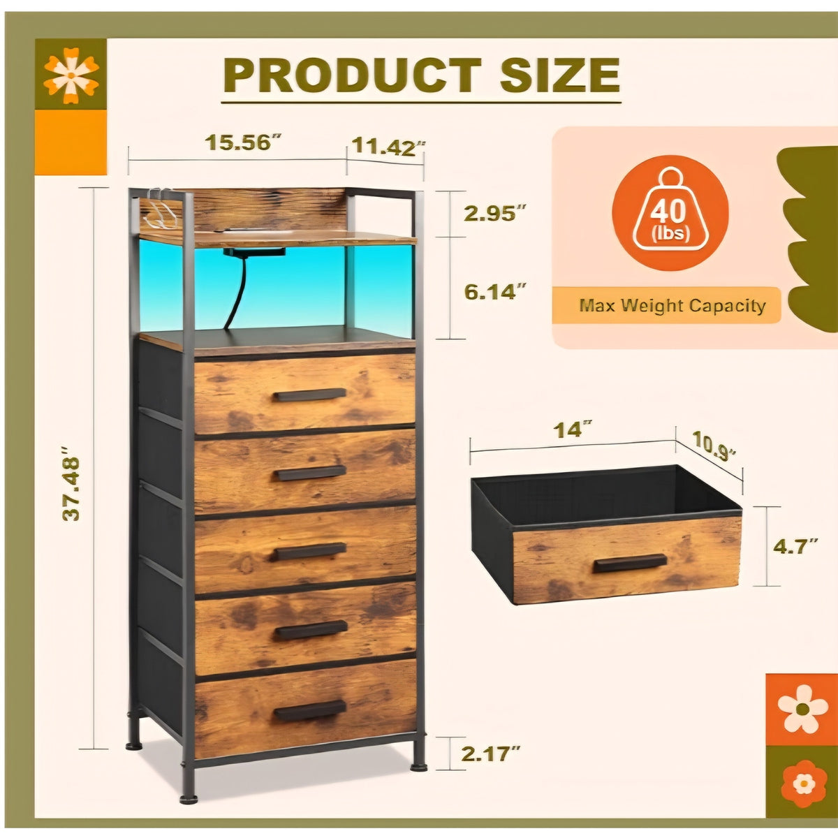 Nightstand 5 Drawer Dresser with Charging Station & LED Lights, Side Table with Fabric Drawers