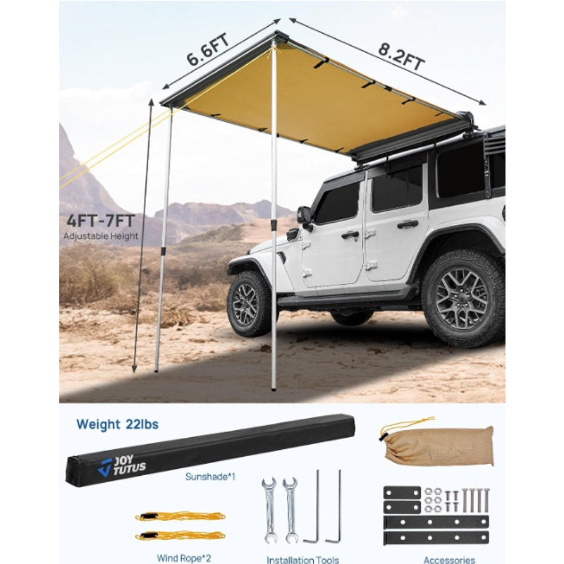JOYTUTUS Vehicle Awning 6.6'x8.2' Roof Rack Pull-Out Sun Shade UV50+, Weatherproof 4x4 Side