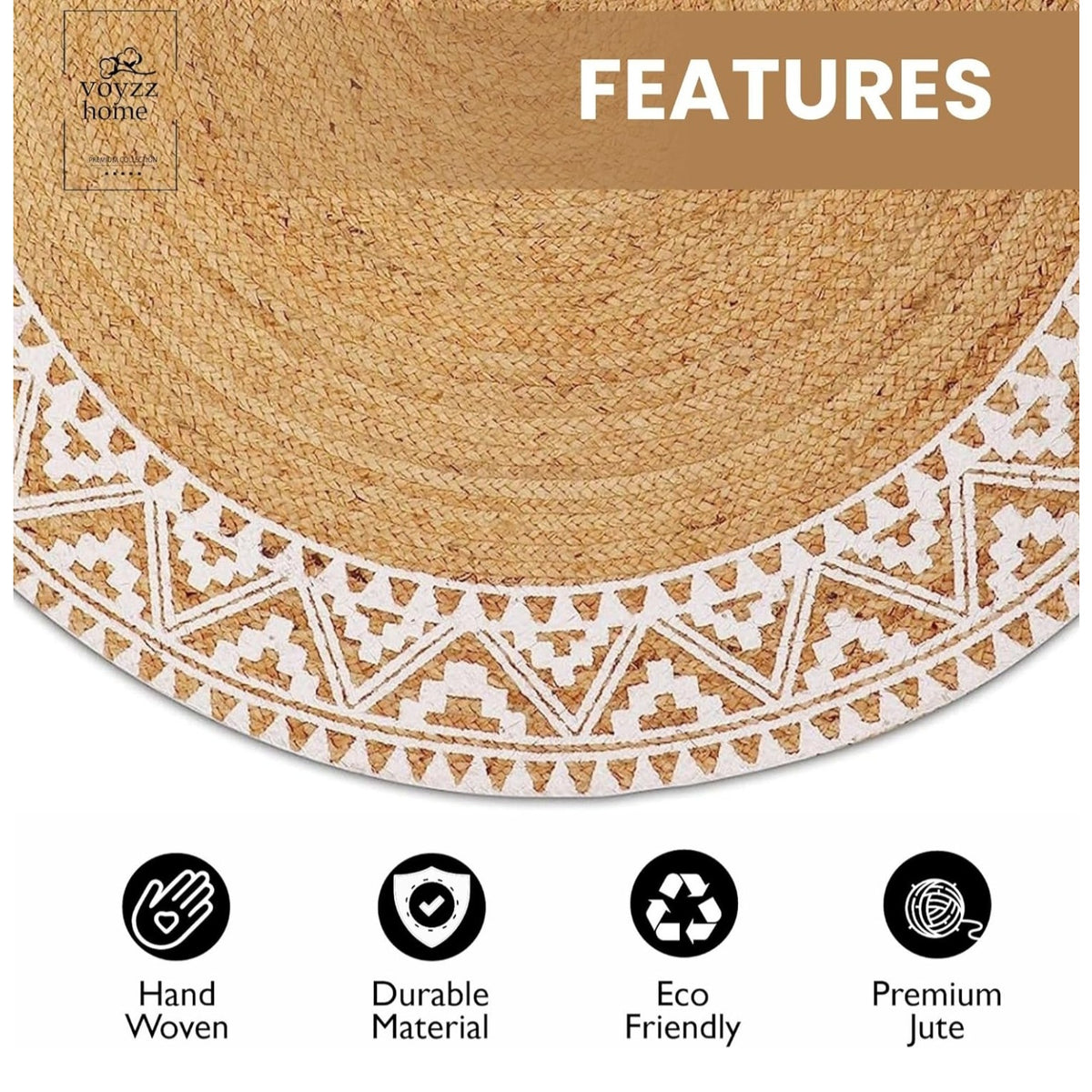 voyzz home Premium Quality Jute Braided Area Rug, 6-feet Round, White Printed Border,
