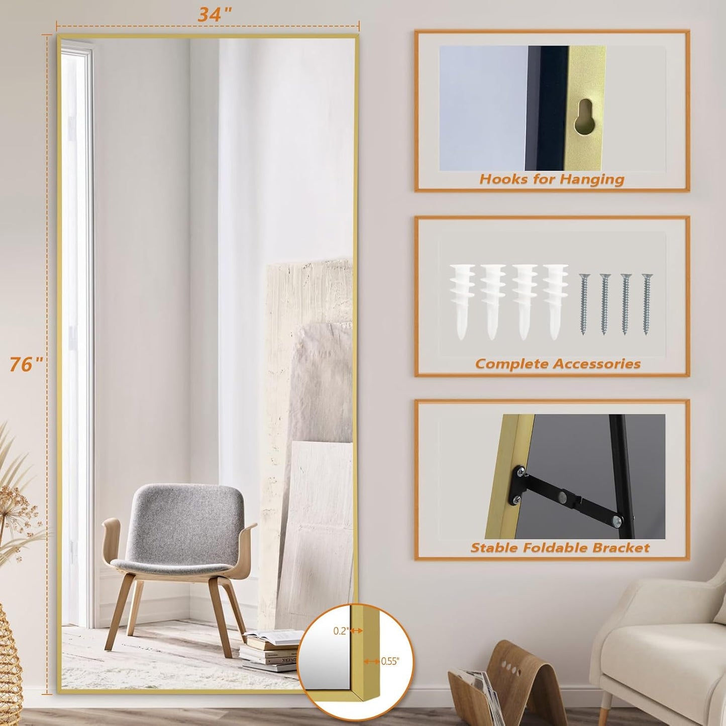 Full Length Mirror, 76"x34" Oversized Floor, Free Standing, Gold, Tempered Glass, Large Full Body
