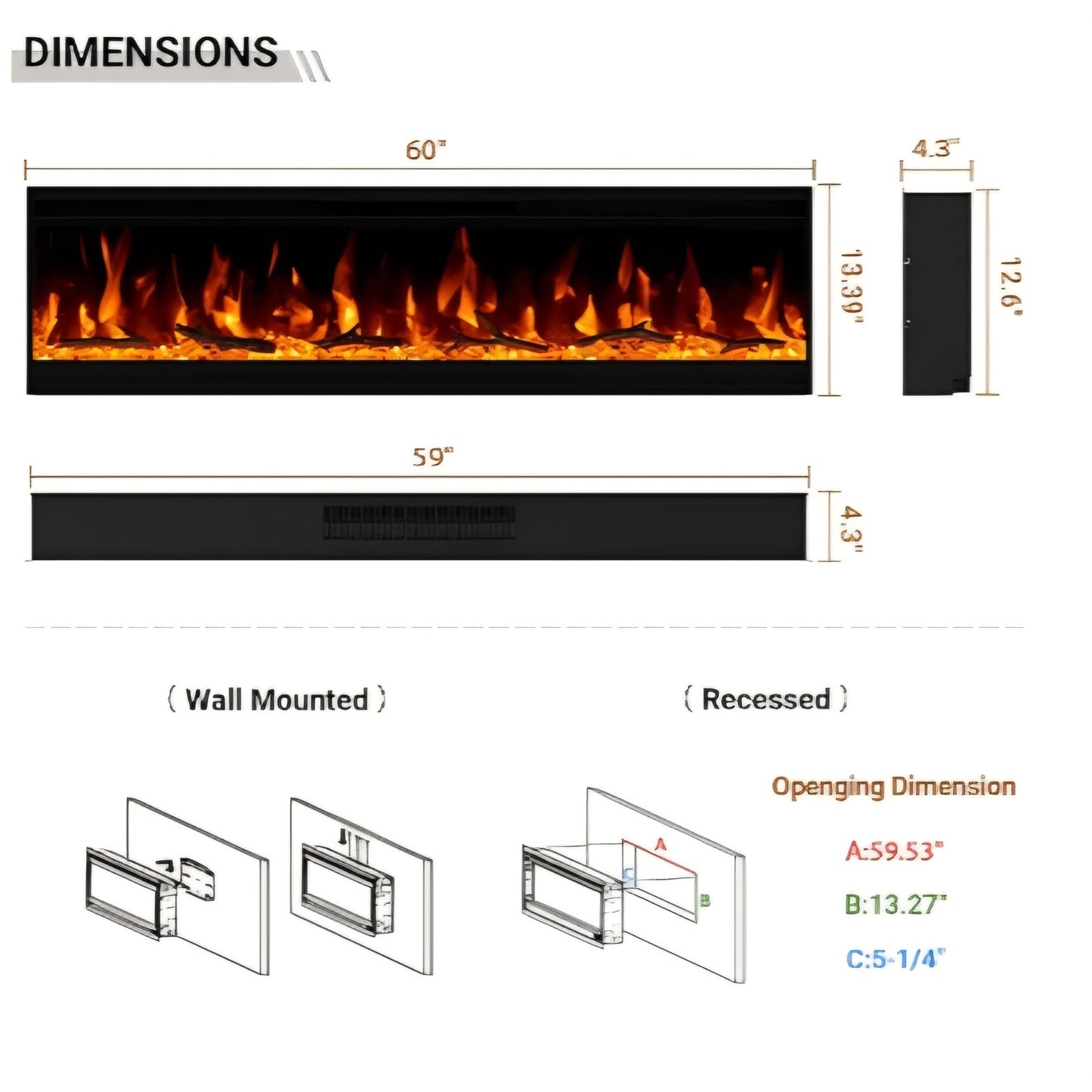 60 inch Electric Fireplace, 4.3" Ultra-Thin Electric Fireplace Inserts, Ultra-Narrow Frame