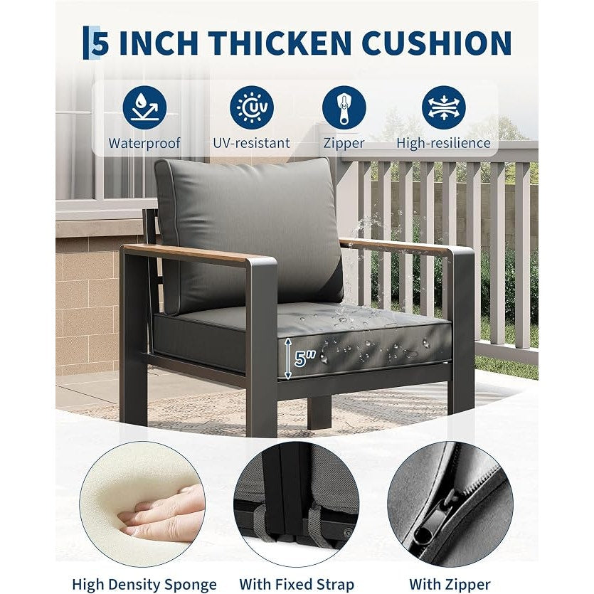 Garvee Aluminum Patio Furniture Set 4 Seats, Generous Outdoor Sectional, Washable Thick. Dark Grey