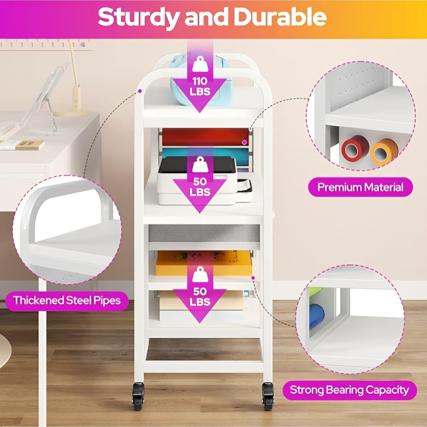 Craft Organization and Storage Cart with Wheels, Vinyl Roll Holder & Hook Up
