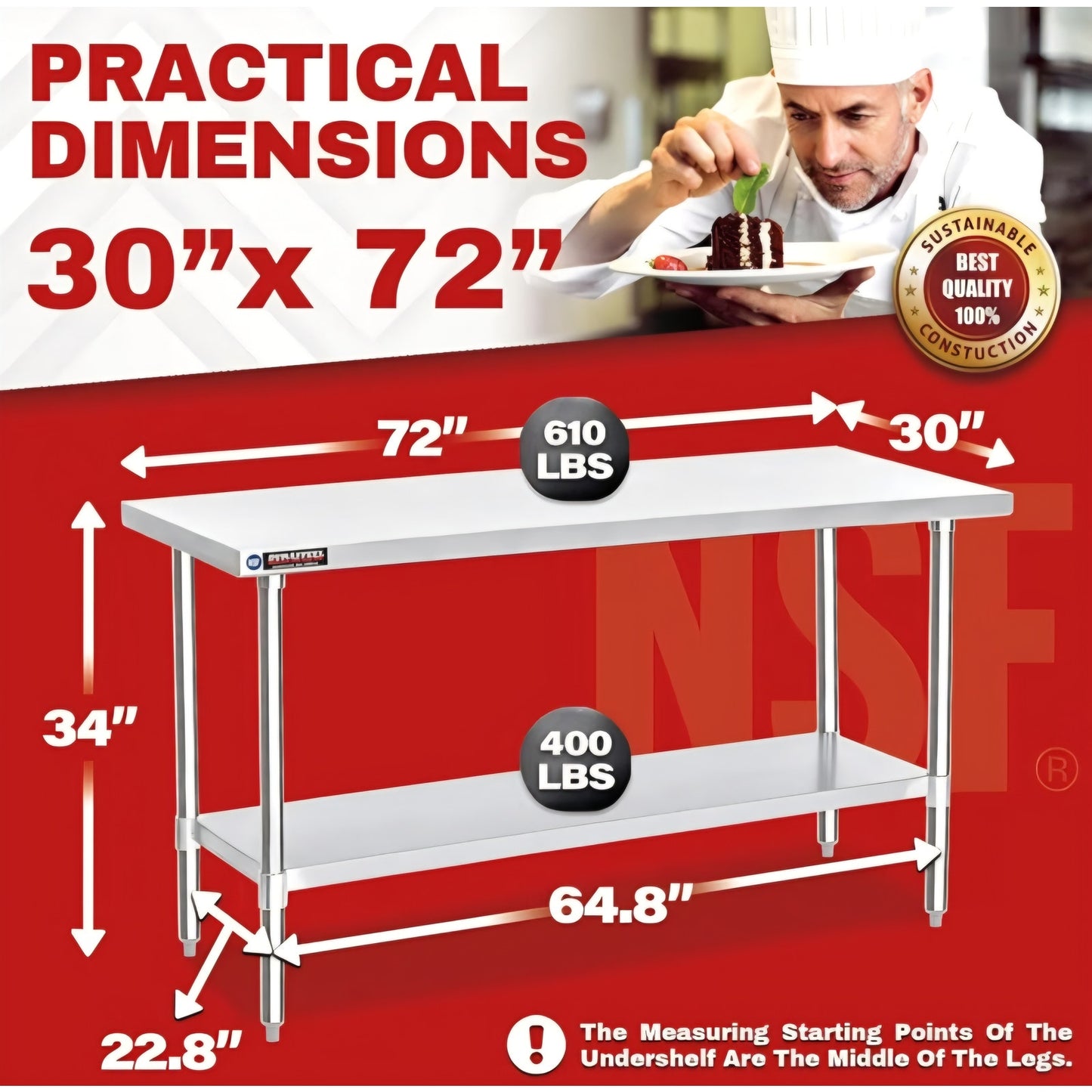 DuraSteel 30x72 Stainless Steel Prep Table - NSF Commercial Kitchen Metal Worktable