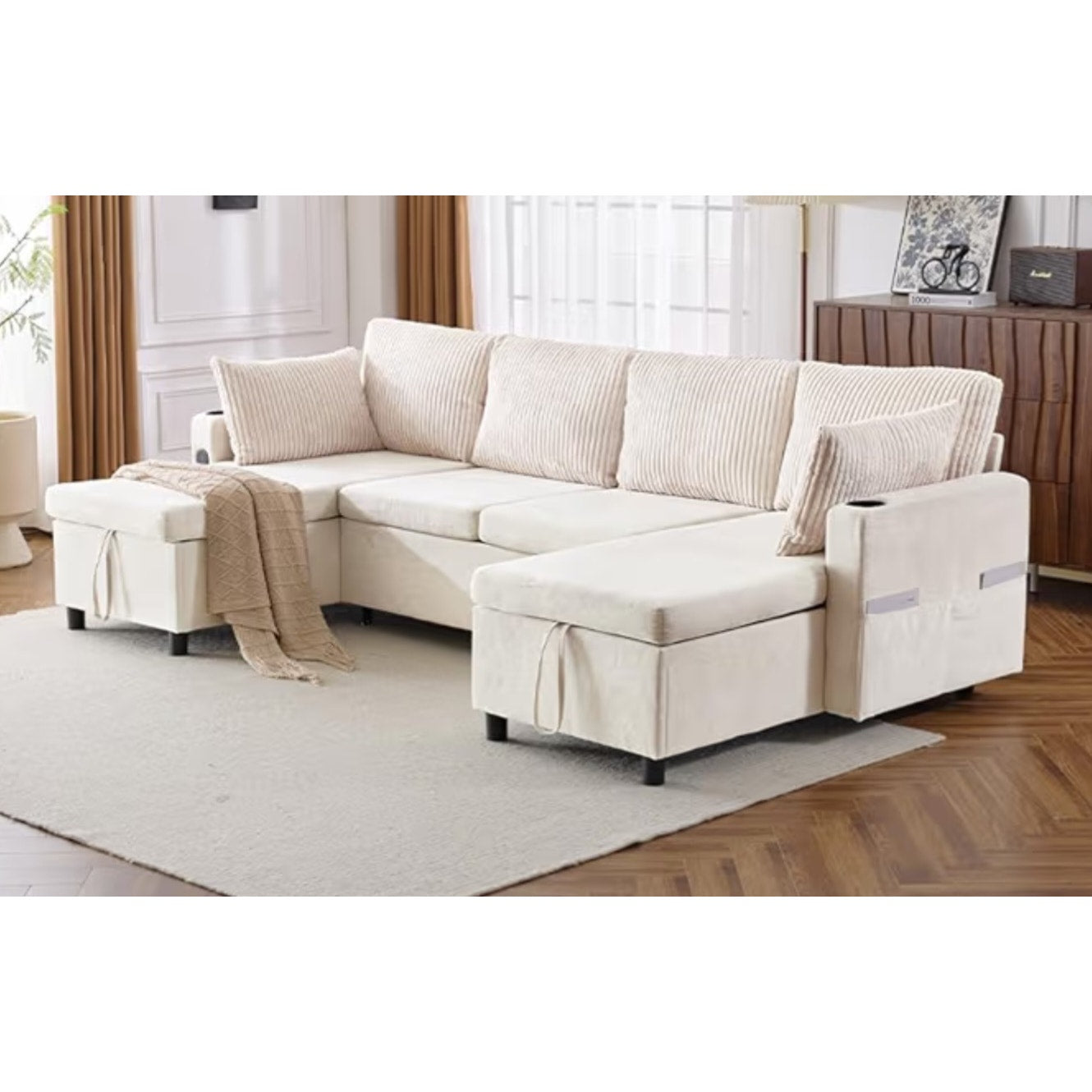 Sectional Sleeper Sofa with Double Storage Chaise, Pull Out Sofa Bed Couch with USB Ports