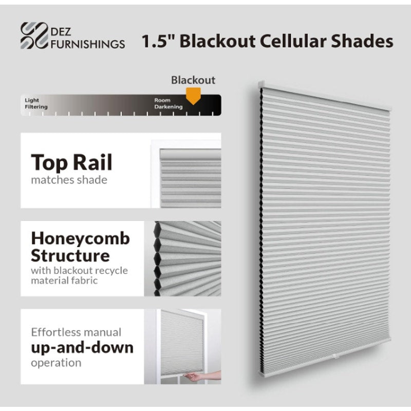 DEZ FURNISHINGS Cordless 1.5" Blackout Cellular Shade, Energy Saver, 72" W x 60" H, Gray Cloud