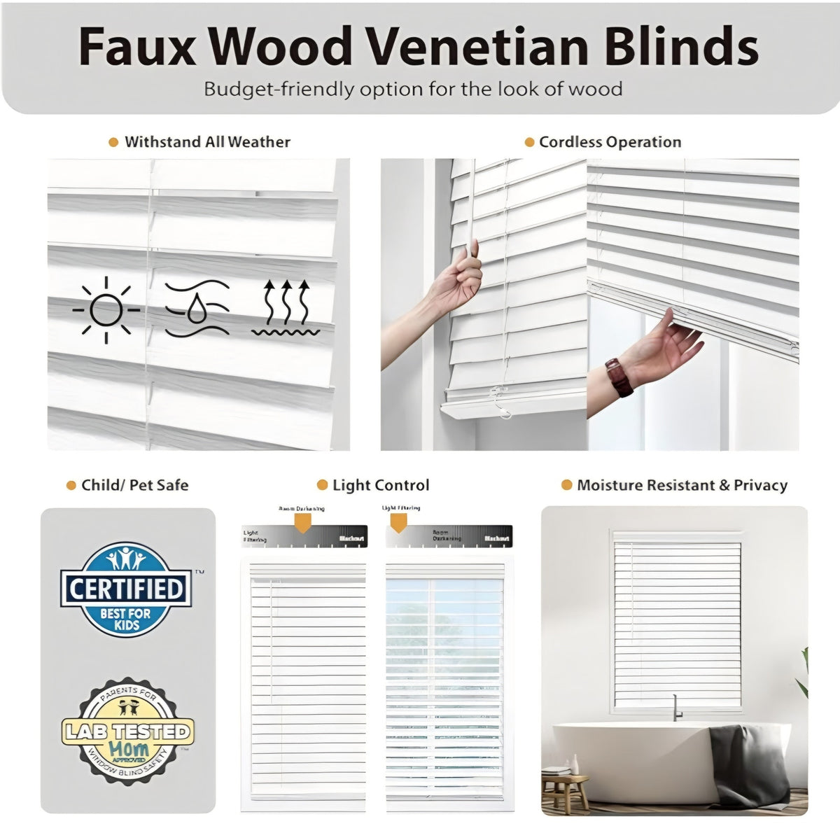 DEZ FURNISHINGS Cordless 2" Signature Faux Wood Blind, 56.5" W x 60" H, Embossed White