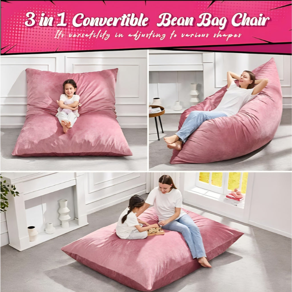 3 in 1 Bean Bag Chair Giant Bean Bag Chairs for Adults with Velvet Cover Convertible Bean Bag Floor