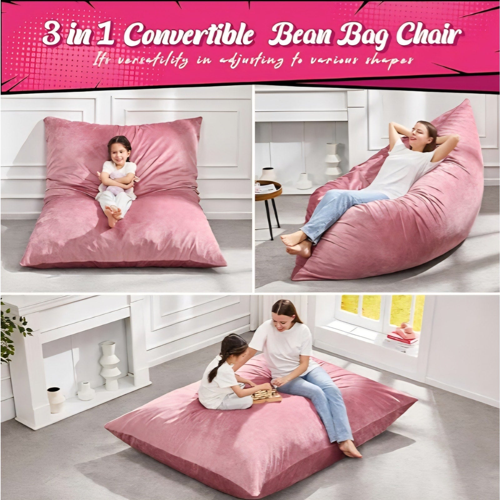 3 in 1 Bean Bag Chair Giant Bean Bag Chairs for Adults with Velvet Cover Convertible Bean Bag Floor