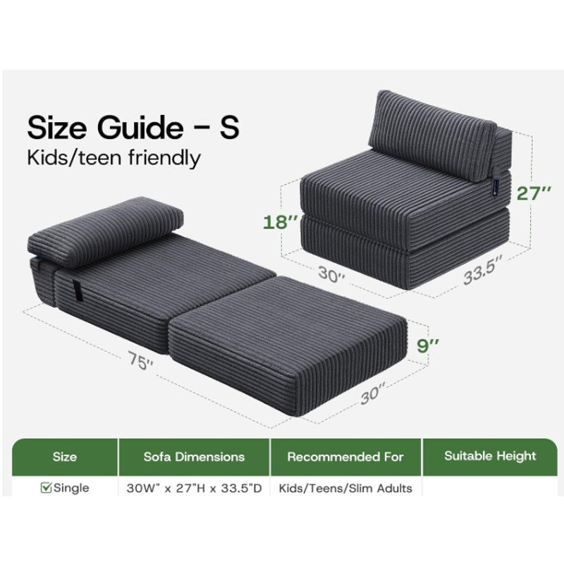 Folding Sofa Bed Convertible 4 in 1 Sleeper Chair Gray Single Pocket Coils+Foam Fill Medium Support