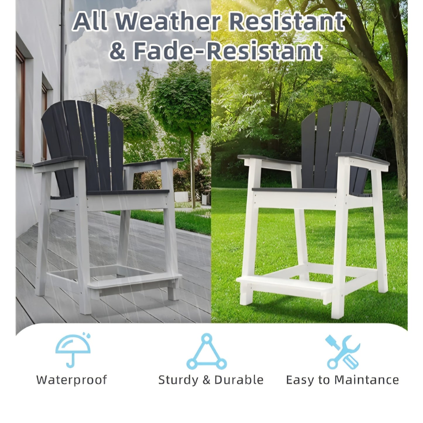 OTSUN Outdoor Bar Stool Chair, Patio Counter Stool with High Back, All-Weather Wooden Stool