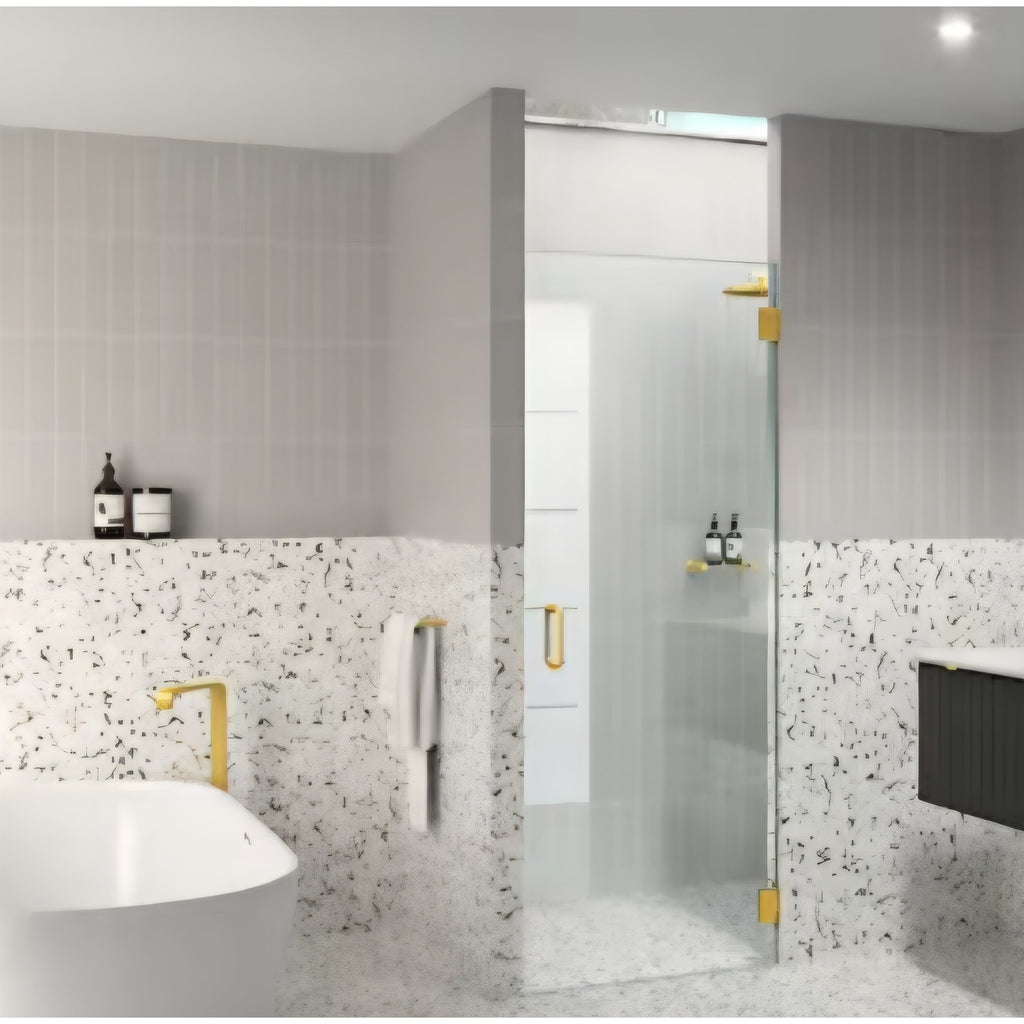 Glass Warehouse Satin Brass 29-3/8-in to 29-3/4-in W x 78-in H Frameless Clear Glass Standard