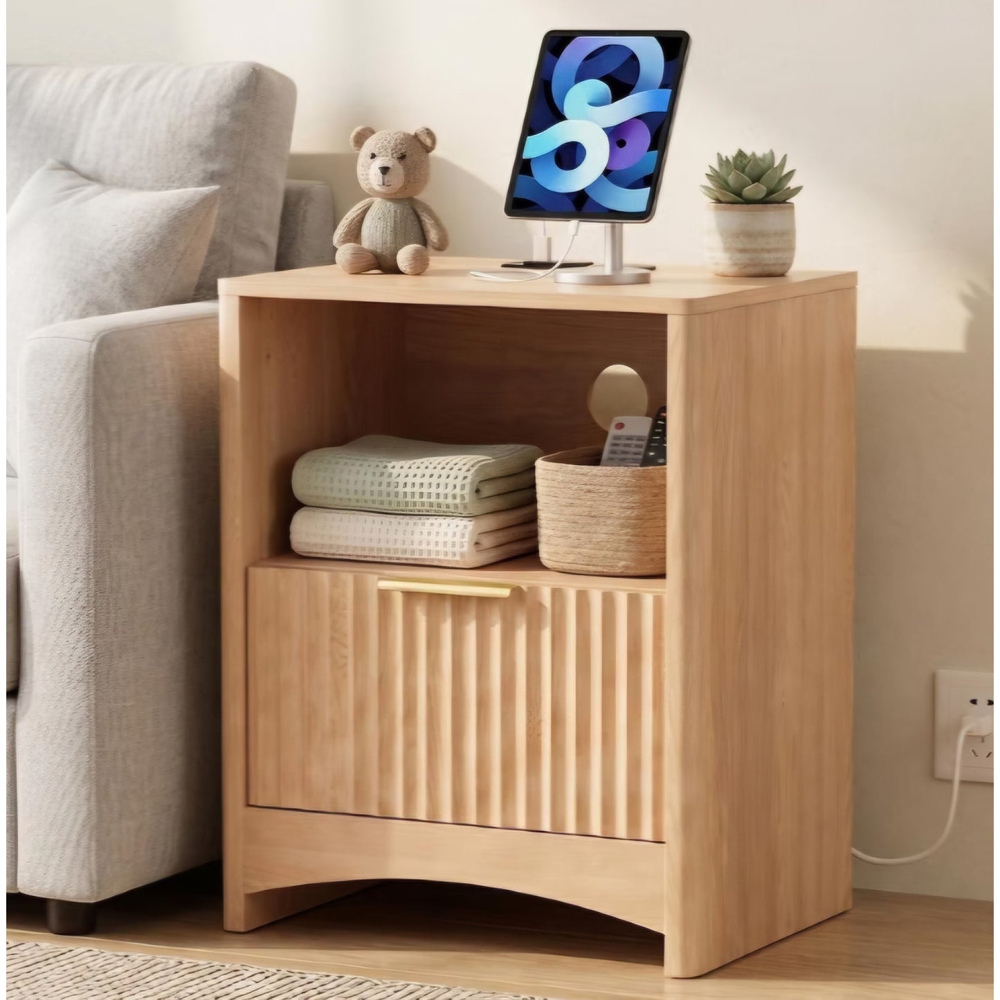 Marsail Wooden Nightstand with Drawer, Modern Night Stand with Charging Station and Storage