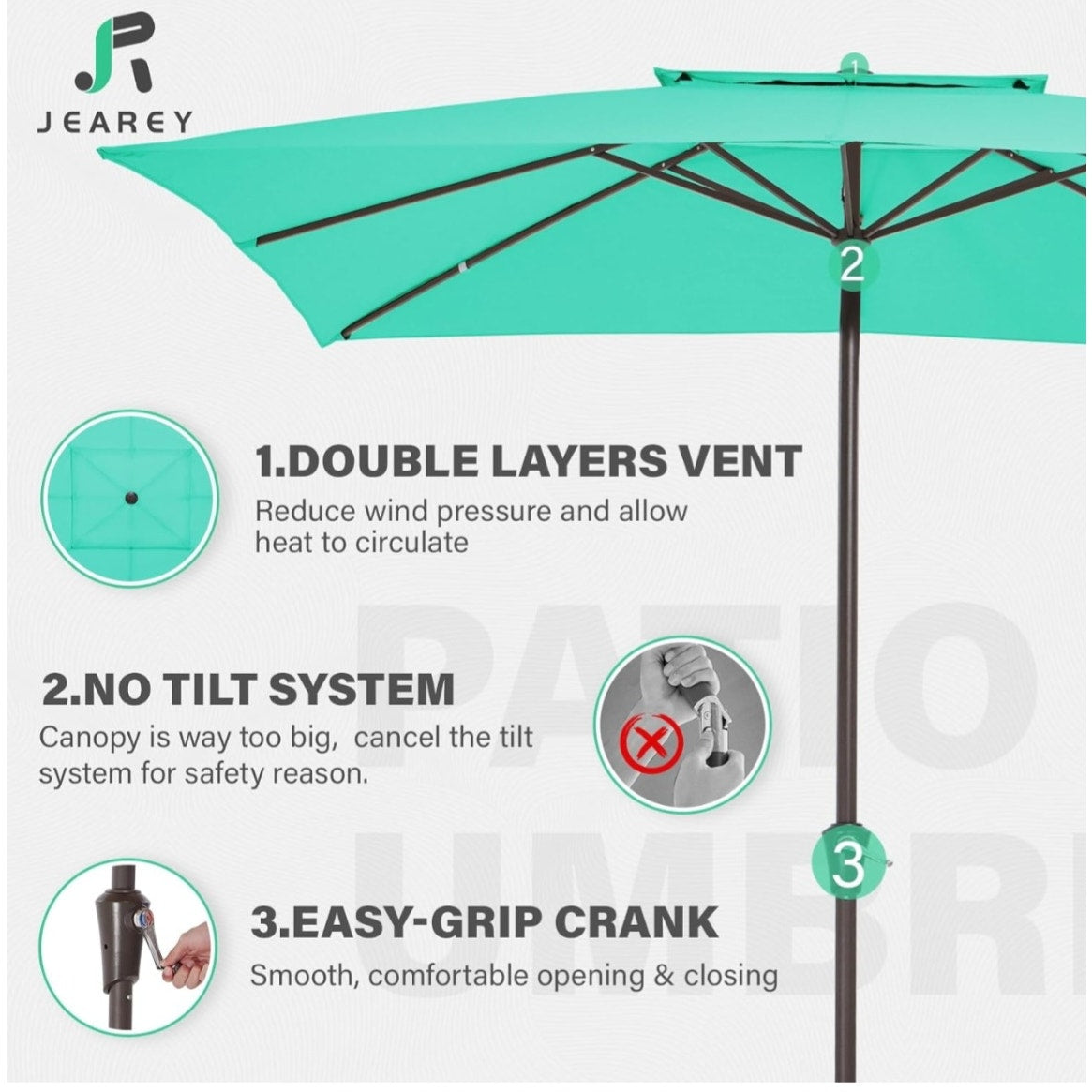 Rectangular Patio Umbrellas Outdoor Table Market Umbrella w/Crank, 8 Sturdy Ribs, UV Protection