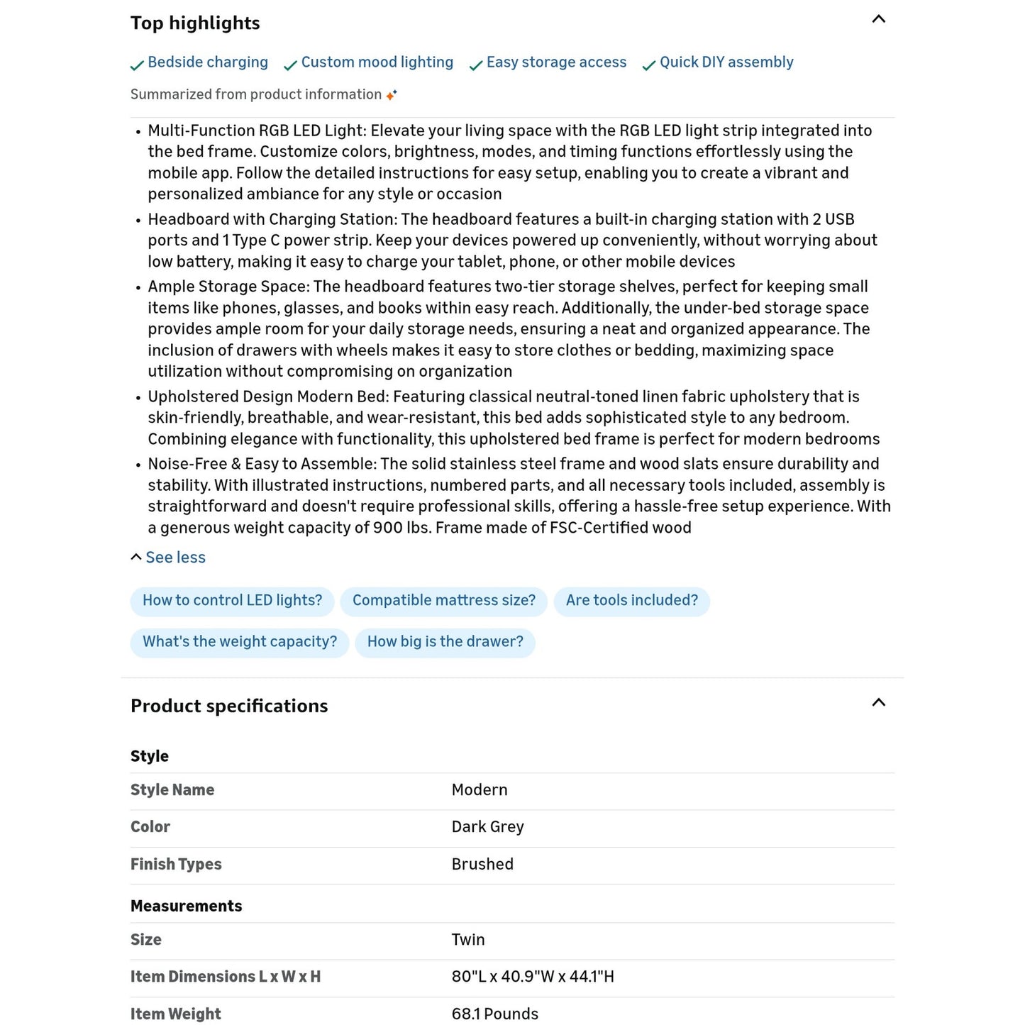 Rolanstar Twin Bed Frame with Drawer, Storage Headboard & LED Lights