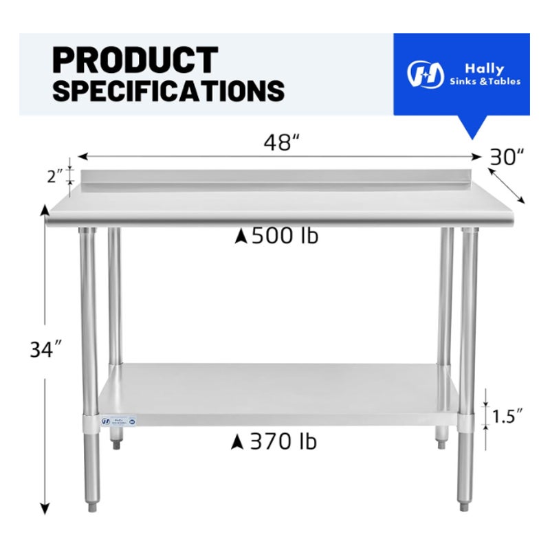 Hally Stainless Steel Table for Prep & Work 30" x 48" with Backsplash NSF