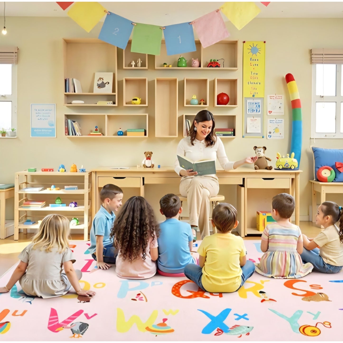 6x9 Pink ABC Kids Classroom Rug, Washable Alphabet Rug for Classroom Elementary School Learning