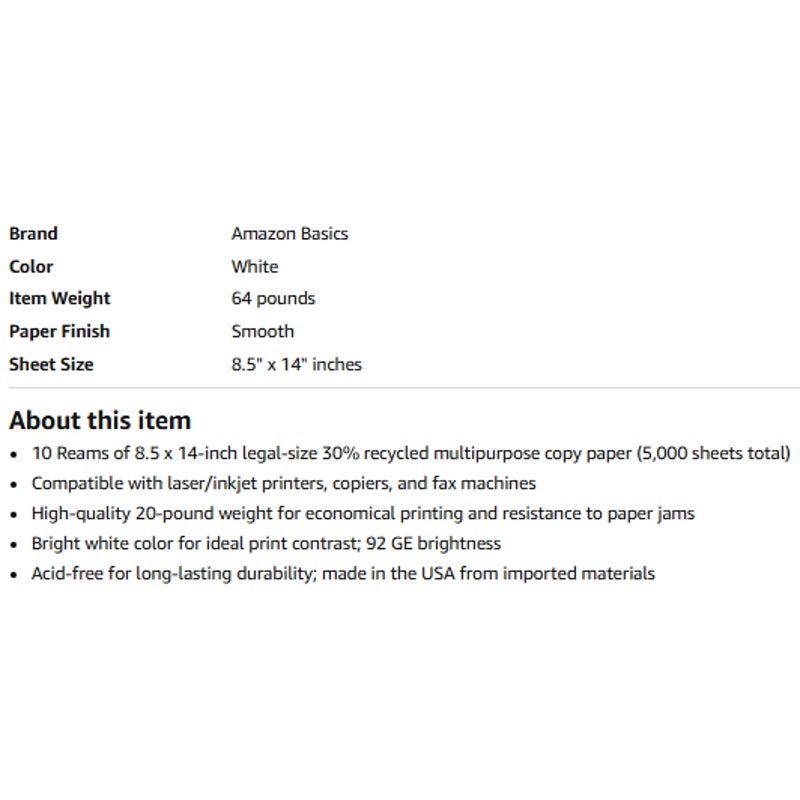 Amazon Basics 30% Recycled Multipurpose Copy & Print Paper, 8.5 x 14 in, 20 lb
