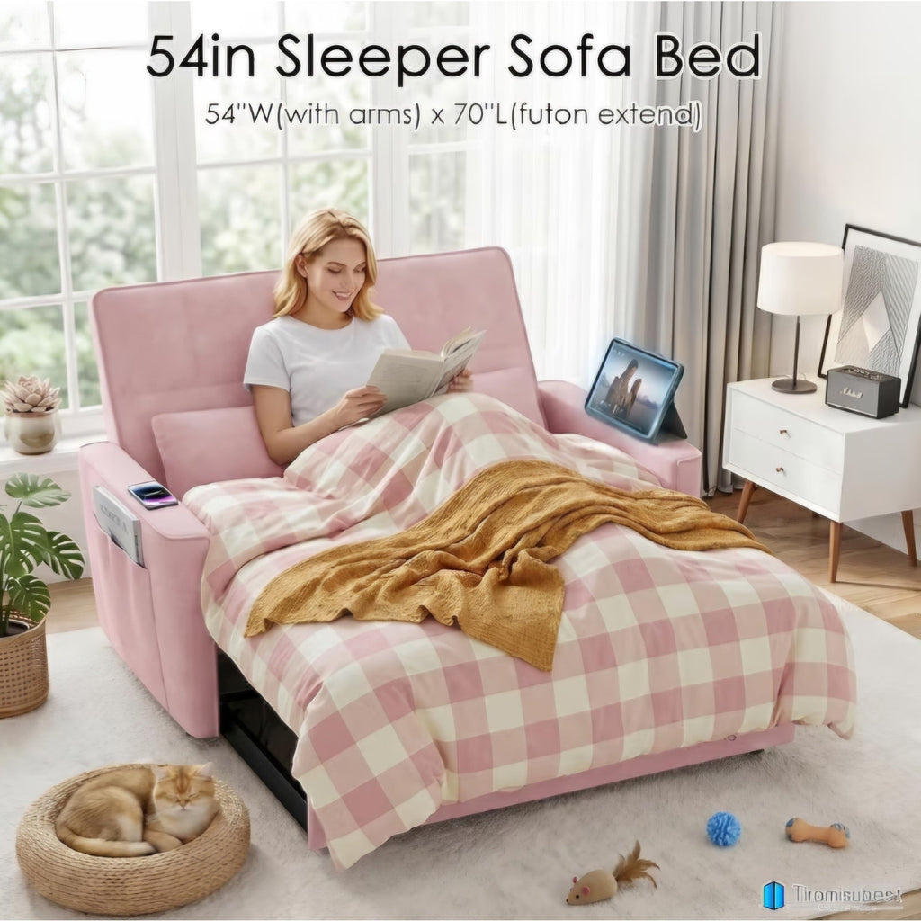 54'' Sleeper Sofa Bed, Convertible Pull Out Couch Futon for for Living Room,Apartment Pink Loveseat