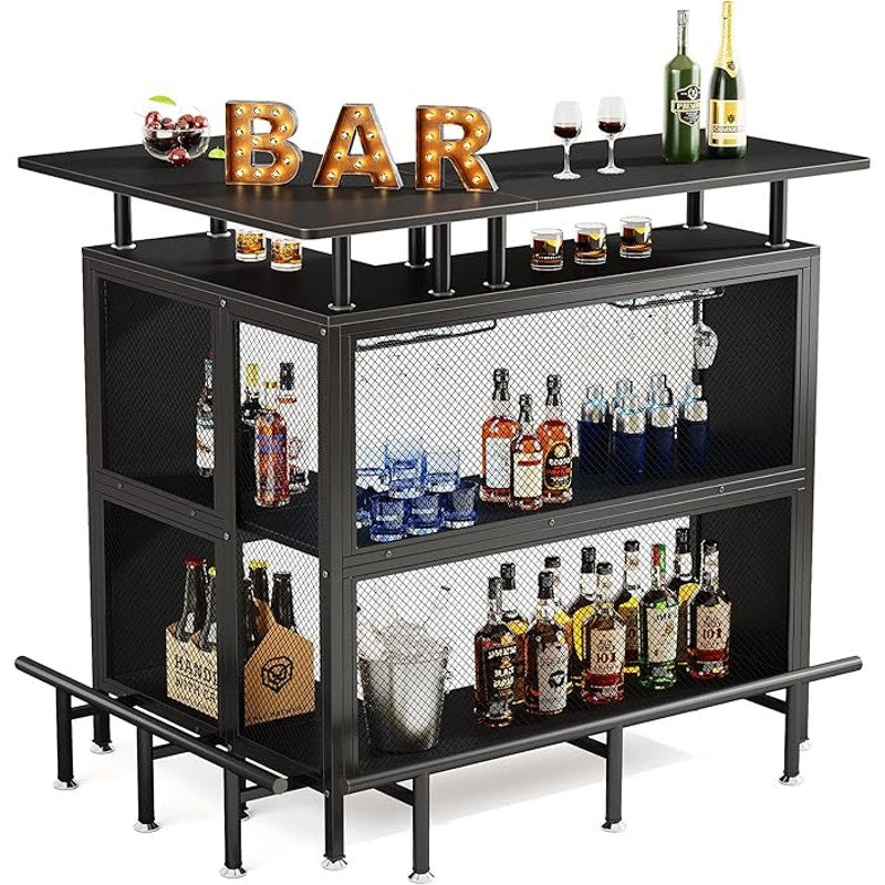 LITTLE TREE Home Bar Unit Mini Liquor Table Cabinet, Black, 17.72"D x 47.24"W x 41.93"H