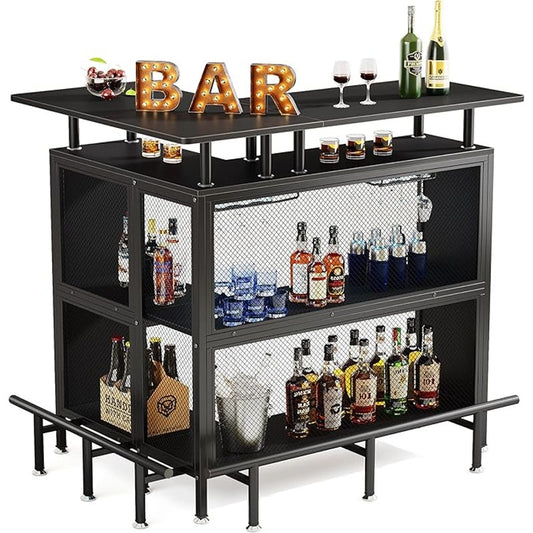 LITTLE TREE Home Bar Unit Mini Liquor Table Cabinet, Black, 17.72"D x 47.24"W x 41.93"H