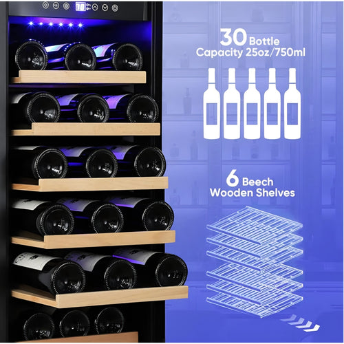 15 Inch Wine Cooler Under Counter, 30 Bottle Wine Fridge with Stainless Steel Glass Door